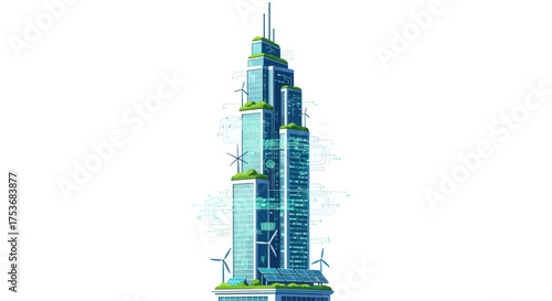 Futuristic Skyscraper with Wind Turbines and Solar Panels for Sustainable Energy.