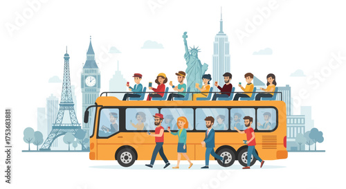 Open-Top Tour Bus with Tourists Sightseeing in a City with Famous Landmarks.