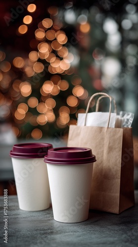 Coffee Cups on a Table With Festive Decorations in the Background During the ...