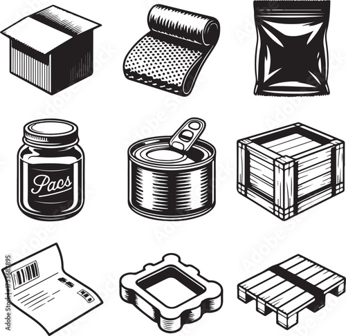 Nine Detailed Packaging Material Elements With Transparent Background vector