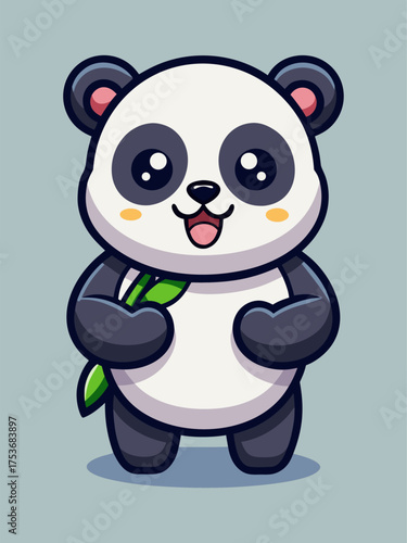 Cute cartoon panda character holding green bamboo with happy smile on soft blue background vector illustration