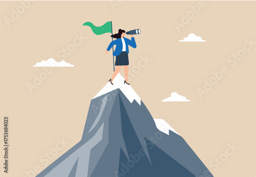 Flat illustration of businesswoman stand on mountain peak with flag binocular looking for new challenge after business achievement