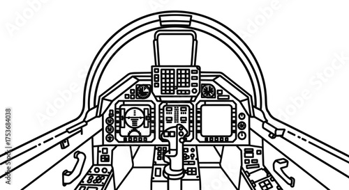 Detailed Line Drawing of a Modern Fighter Jet Cockpit Interior.