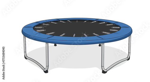 Round Blue Trampoline with Black Jumping Surface and Silver Legs.