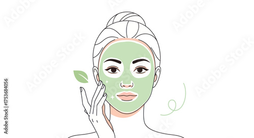 Woman applying a soothing green facial mask for skincare.