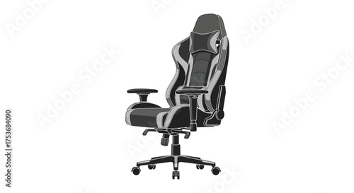 Ergonomic Black and Gray Gaming Chair with Adjustable Armrests and Headrest.