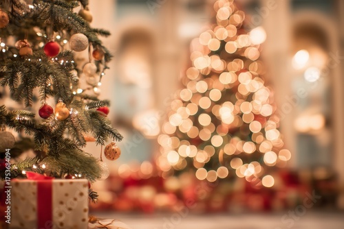 Festive Holiday Scene With Decorated Christmas Tree and Wrapped Gifts by Warm...