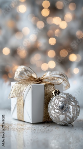 Charming White Gift Box With Silver Ribbon Beside Shiny Ornament Celebrating ...