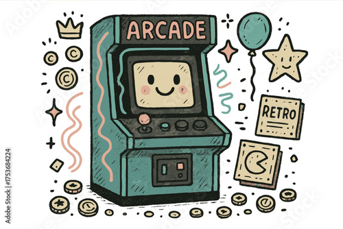 Retro Arcade Fun. Retro arcade illustration doodle style: hand drawn retro arcade machine with smile, coins, joystick, neon lights