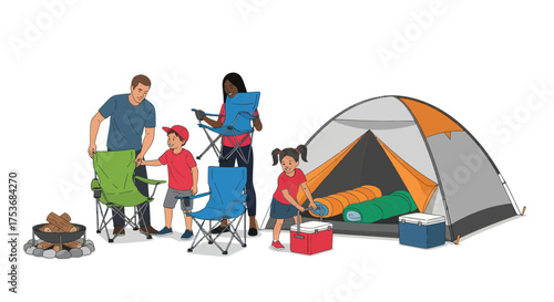 Family Camping Trip with Tent Chairs and Cooler.