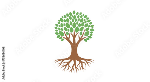 Stylized illustration of a green tree with a thick brown trunk and visible root system.