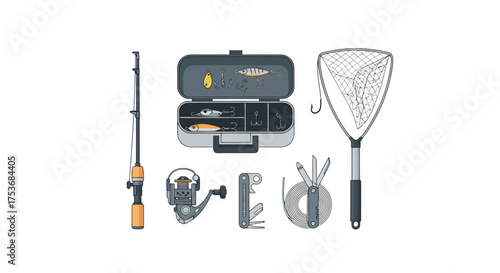 Fishing Gear Collection: Rod Reel Tackle Box Net and Multi-tool.