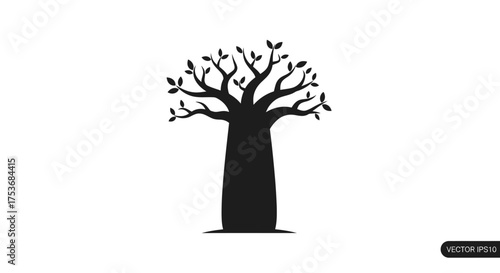 Silhouette of a Baobab Tree with Leaves on Branches.