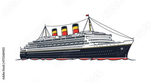 Classic Ocean Liner Cruise Ship with Three Colorful Smokestacks.