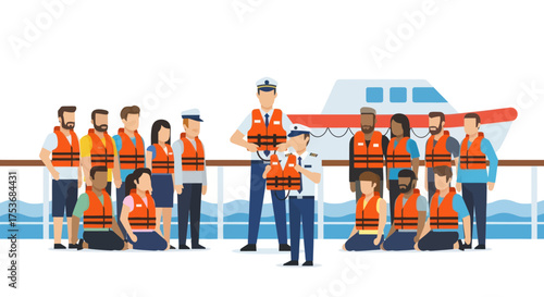 Group of people wearing life vests on a cruise ship deck with captain and crew.