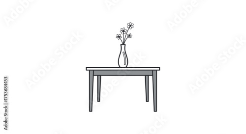 Simple illustration of a vase with flowers on a wooden table.