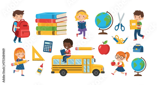 A colorful cartoon collection of diverse school children a yellow bus and various educational supplies.