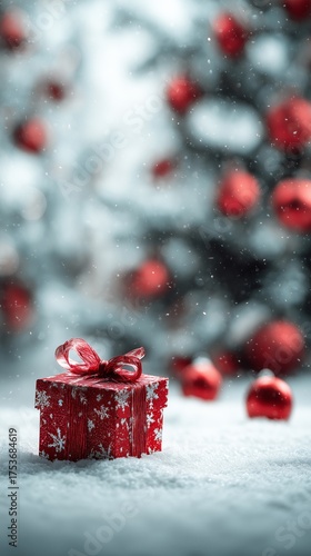 Festive Red Gift Box With a Bow Under a Decorated Christmas Tree in a Snowy E...