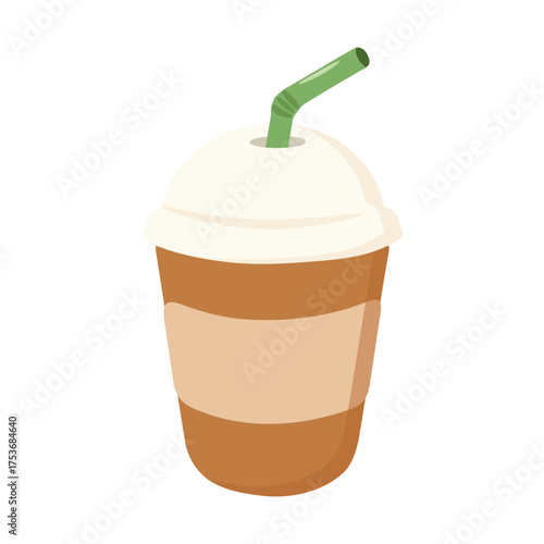 Cold drink cup with dome lid whipped cream and green striped straw on white background