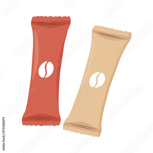 Instant coffee sachets red and beige packaging with white bean icon sealed single serving packs