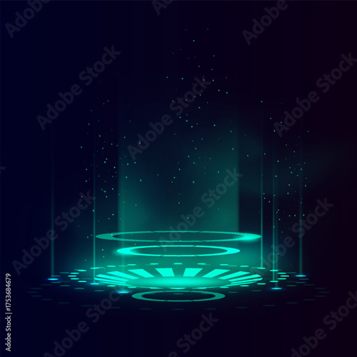 Blue portal ring with glowing energy beams and a magical platform.