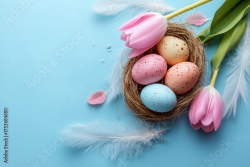 Decorative Easter Eggs in a Nest With Pink Tulips and Soft Feathers
