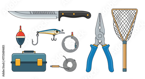 Fishing Equipment Collection: Knife Lure Pliers Net Tackle Box and Accessories.