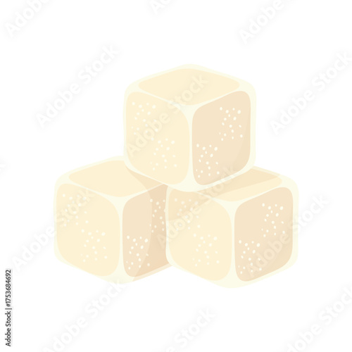 Three brown sugar cubes with rounded edges stacked in triangle shape clean food ingredient