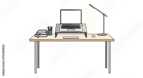 A minimalist desk setup with a laptop lamp and stationery.