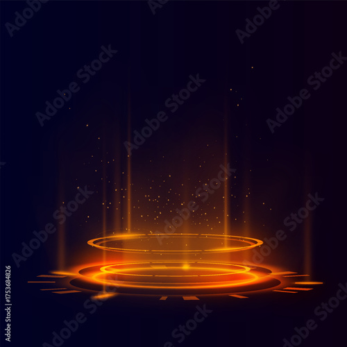 Yellow futuristic circle portal, magic round teleport with glow rays and sparks, energy rings light aura virtual reality