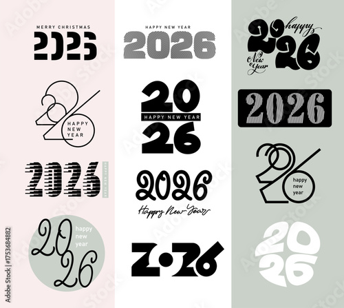 Set of 2026 Happy New Year. Logo text design, calendar 2026 number design template. Vector designs of labels with inscriptions or text, symbols of New Year. Collection of 2026 Happy New Year symbols