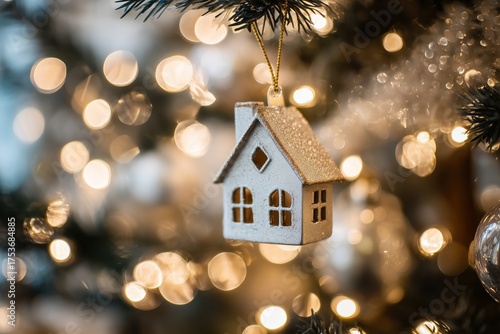 Decorative House Ornament Hanging on a Christmas Tree With Warm Glowing Lights
