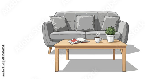 Cozy Gray Sofa with Wooden Coffee Table and Potted Plant.