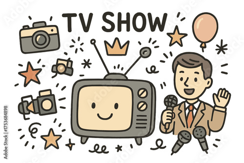 Retro TV Show Doodle. TV show illustration doodle style: hand drawn retro TV with smile, camera, crown, star, balloon, host,