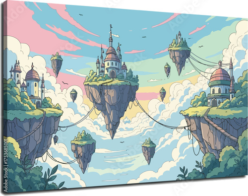 Vector art of pixel art floating island castle with whimsical fantasy landscape
