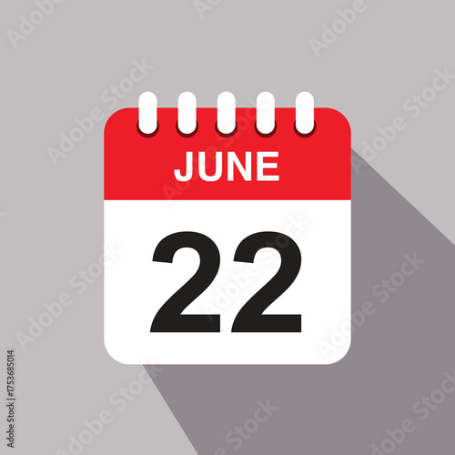 22 june calendar date icon. vector illustration with shadow design