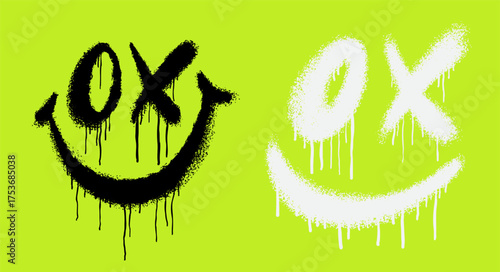 Grunge graffiti faces with spray effect, expressive smile icons, street art style. Funky urban emotion symbols, vivid green backdrop, bold vector design with raw paint texture. Vector grunge graffiti.