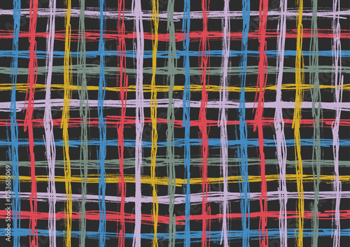 Seamless pattern colored geometric plaid. Grid, ground texture. Careless strokes crayon drawn horizontal and vertical lines background. Kids checkered wrapping paper. Vector boodle line, stripes.