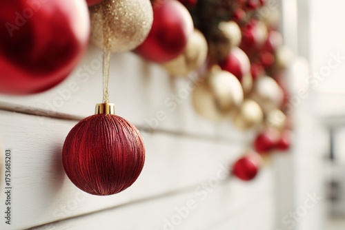 Bright Red and Gold Ornaments Hanging on a Winter Holiday Decoration at a Fes...