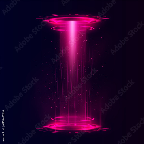 Pink futuristic circle tube portal, magic round tunnel teleport with glow rays and sparks, energy ring with light aura