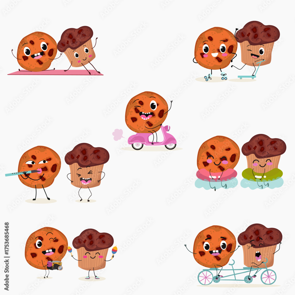 Naklejka premium Sweets, bakery funny characters, hand drawn vector illustration.