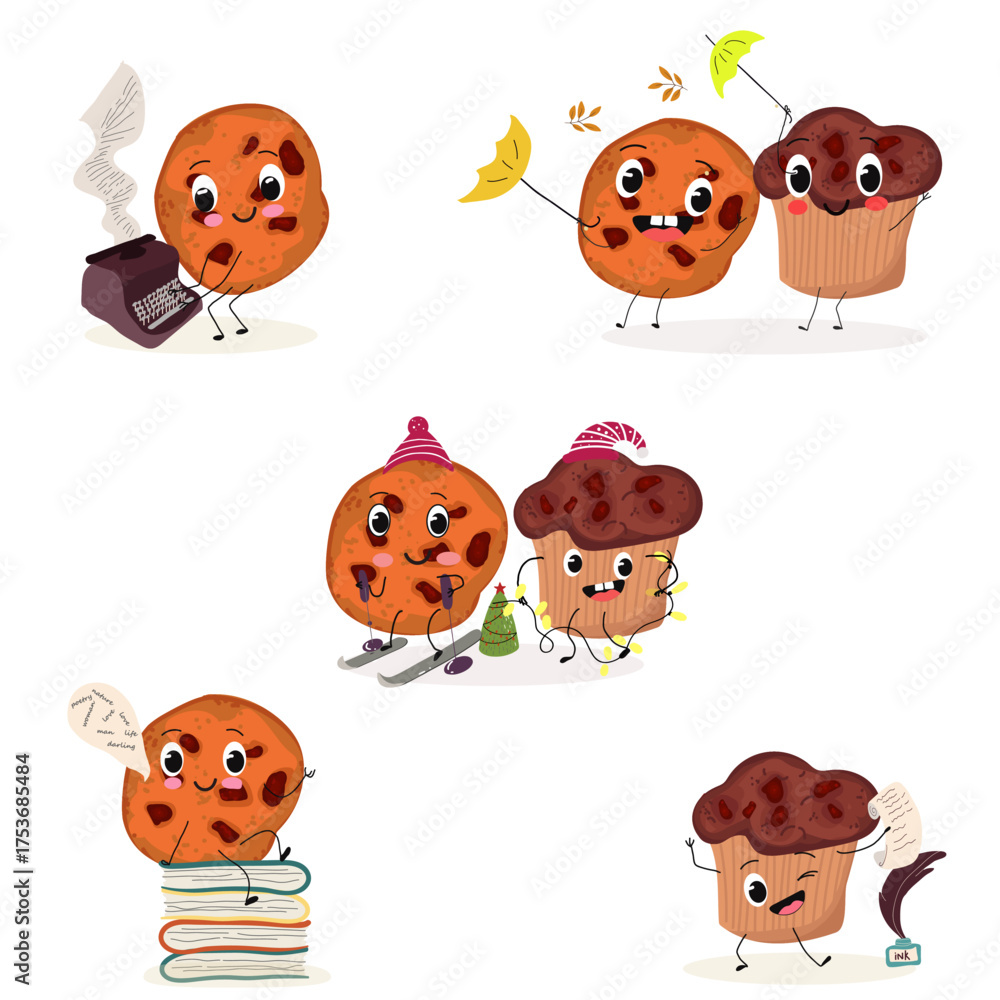 Naklejka premium Sweets, bakery funny characters, hand drawn vector illustration.