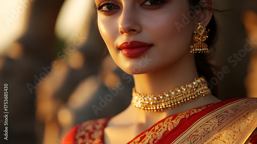 Portrait of a woman adorned in traditional gold jewelry and red saree, radiating elegance and cultural richness in warm sunlight.