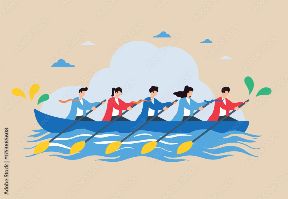 Fototapeta premium Flat illustration of employees rowing boat in unison, representing teamwork and synergy