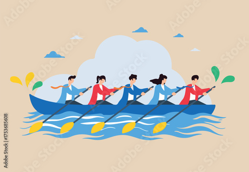 Flat illustration of employees rowing boat in unison, representing teamwork and synergy