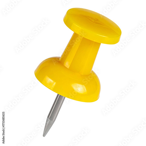 A vibrant yellow pin, isolated against a black background, angled slightly from above