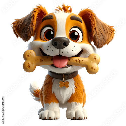 Happy cartoon puppy holding a bone in its mouth.