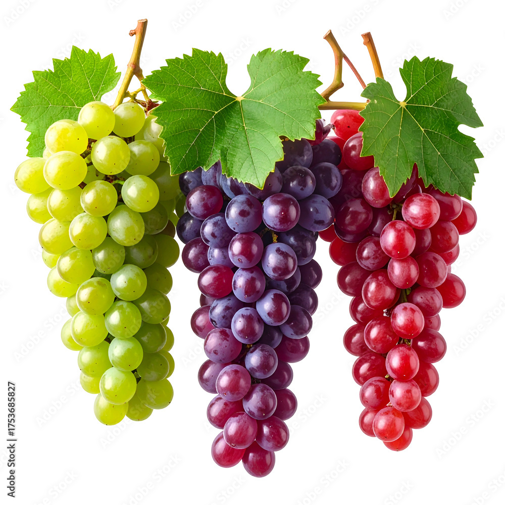 Fototapeta premium Three grape bunches, green, purple, and red, with vibrant leaves against a black background