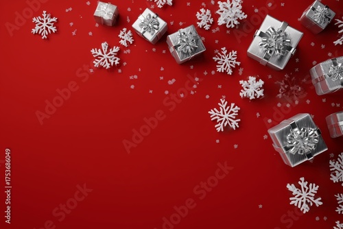 Festive Gifts Arranged Creatively on a Red Background With Snowflakes Scatter...