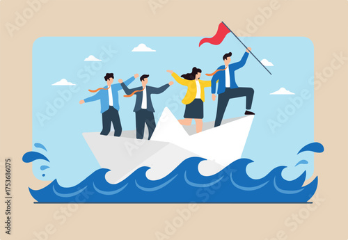 Flat illustration of team guiding paper boat through turbulent waters, symbolizing crisis management
